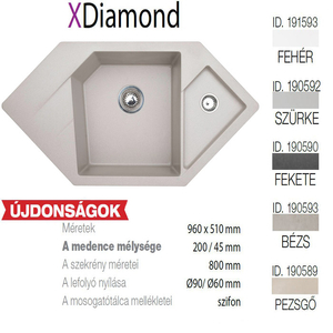 Diamond XGranit Szürke mosogató 960x510/200/45mm 190592