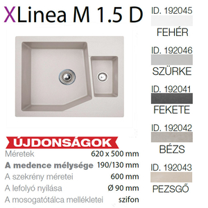 Linea M 1.5 D XGranit Szürke mosogató 620x500/ 190/130mm 192046