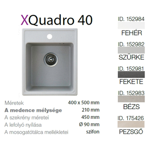 Quadro 40 XGranit Szürke mosogató 400x500/210mm 152982