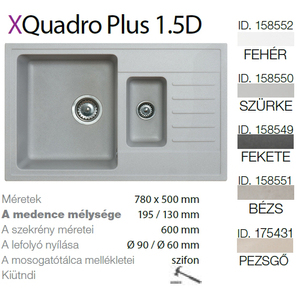 Quadro plus 1.5D XGranit Szürke mosogató 780x500/195/130mm 158550