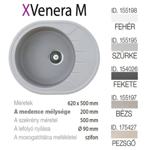 Venera M XGranit Szürke mosogató 620x500/200mm 155195