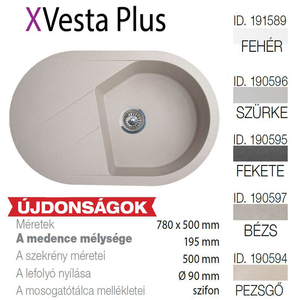 Vesta Plus XGranit Szürke mosogató 780x500/195mm 190596