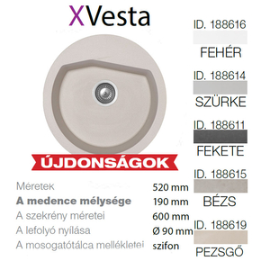 Vesta  XGranit Szürke mosogató 520x600/190mm 188614