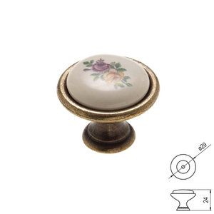 Fogantyú gomb P08-01-01-04 Színes virág porcelán antik-bronz