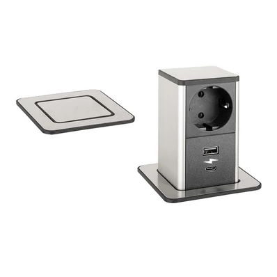 Konnektor-rejtett elosztó StrongPower PowerUp 1x230V-1xUSB A/C Nemesacél