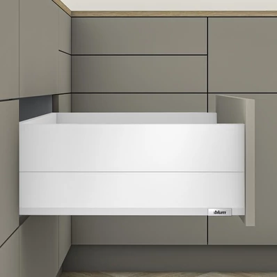 Blum MERIVOBOX fiókszett E magasságú BOXCAP fém oldallal 400mm Selyemfehér