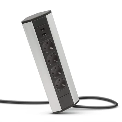 Konnektor elosztó sarokba rögzíthető 4x250V-16A-2xUSB töltő Alumínium-Fekete