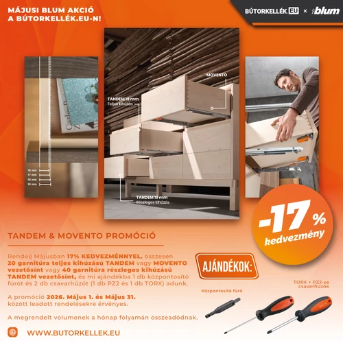 Megérkeztek az új Blum TANDEM 550F és 560F fiókcsúszók 17% kedvezménnyel
