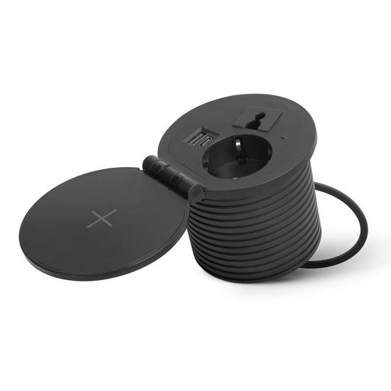 Beépíthető konnektor 1x230V + 1xUSB + 1xType-C + Vezeték nélküli töltő Fekete