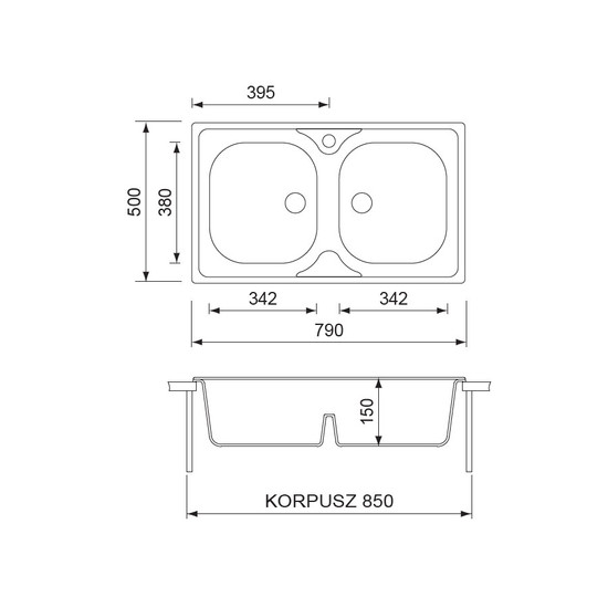 CM Mondial mosogató 011502 2medence acél 790x500/150mm