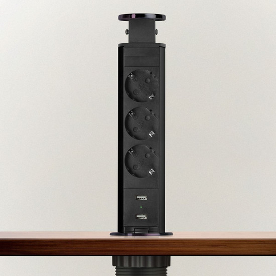 Konnektor Munkalapba süllyeszthető 3-as 1,5m+USB Szálcsiszolt Fekete Konnektor Munkalapba süllyeszthető 3-as 1,5m+USB Szálcsiszolt Fekete