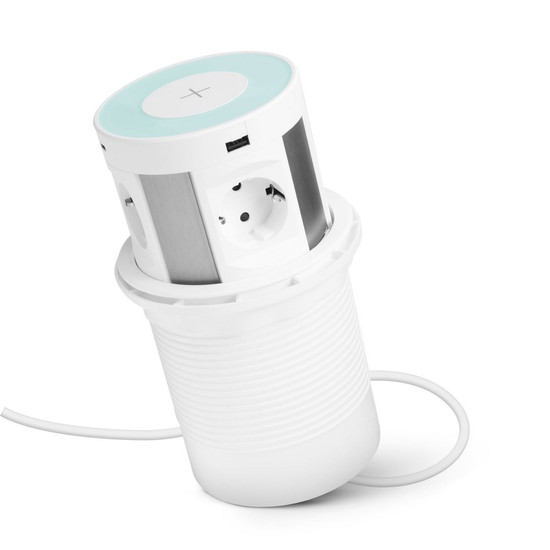 Rejtett elosztó konnektor LIFT 4x230V + 2USB + 2xType-C + Vezeték nélküli töltés Fehér Rejtett elosztó konnektor LIFT 4x230V + 2USB + 2xType-C + Vezeték nélküli töltés Fehér