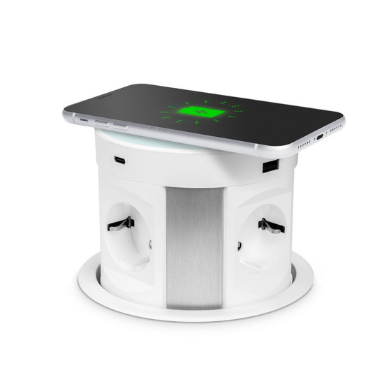 Rejtett elosztó konnektor LIFT 4x230V + 2USB + 2xType-C + Vezeték nélküli töltés Fehér Rejtett elosztó konnektor LIFT 4x230V + 2USB + 2xType-C + Vezeték nélküli töltés Fehér