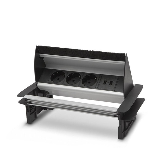 Konnektor Munkalapba süllyeszthető 3-as felnyíló + 2xUSB - 250V, 16A Konnektor Munkalapba süllyeszthető 3-as felnyíló + 2xUSB - 250V, 16A