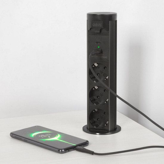 Beépíthető rejett elosztó Motoros 3-as + USB + TYPE-C "TouchControl" Fekete/Inox