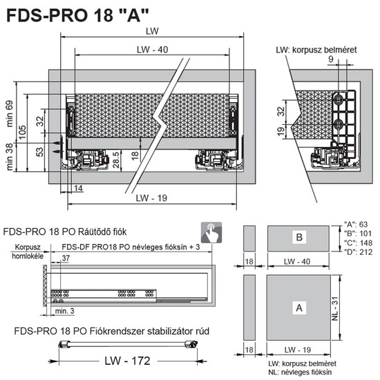 Fiókcsúszó FDS-PRO 18 A Push Open Duplafalú fiókoldal 270mm Antracit Fiókcsúszó FDS-PRO 18 A Push Open Duplafalú fiókoldal 270mm Antracit