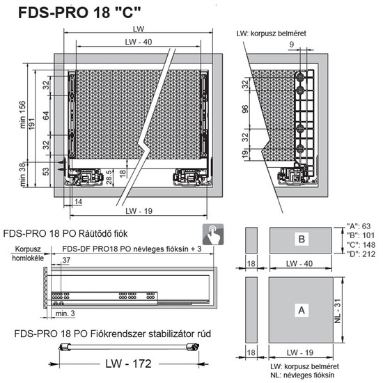 Fiókcsúszó FDS-PRO 18 C Push Open Duplafalú fiókoldal 450mm Fehér