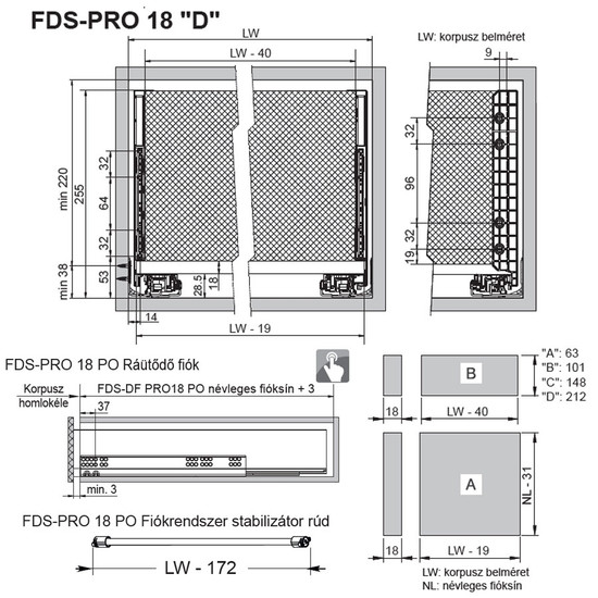 Fiókcsúszó FDS-PRO 18 D Push Open Duplafalú fiókoldal 450mm Fehér Fiókcsúszó FDS-PRO 18 D Push Open Duplafalú fiókoldal 450mm Fehér
