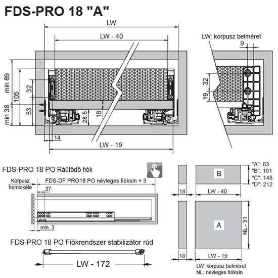 FDS-PRO 18 HD A Fiókrendszer 450mm Antracit 60kg