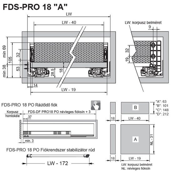 FDS-PRO 18 HD A Fiókrendszer 450mm Fehér 60kg
