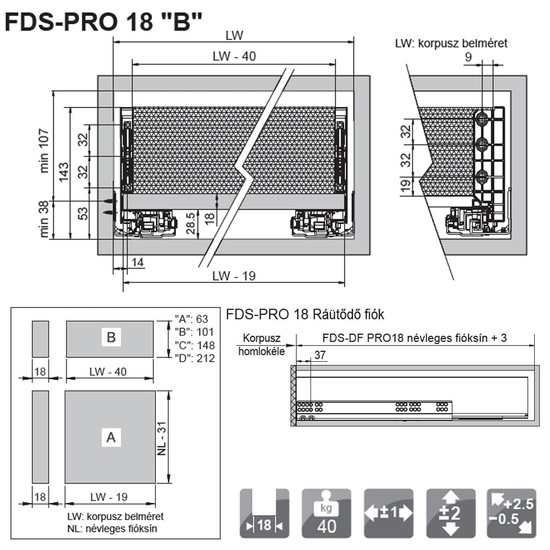 FDS-PRO 18 HD B Fiókrendszer 450mm Fehér 60kg FDS-PRO 18 HD B Fiókrendszer 450mm Fehér 60kg