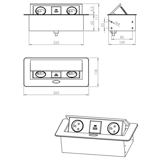 Konnektor-rejtett elosztó StrongPower 2x 230V, 2x USB A/C, Schuko, Ezüst