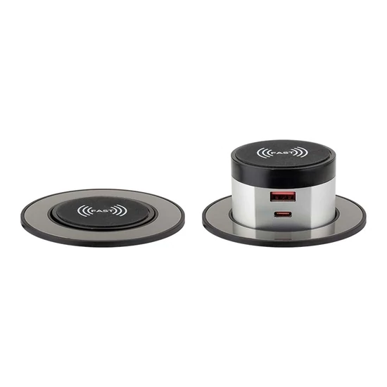 Konnektor-rejtett elosztó StrongPower PowerUp 1x USB A/C töltő + vez. nélk. Töltő 10W, Inox