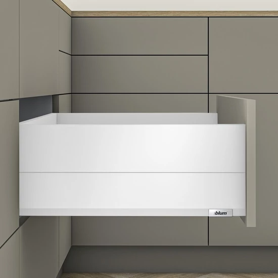 Blum MERIVOBOX fiókszett E magasságú BOXCAP fém oldallal 400mm Selyemfehér