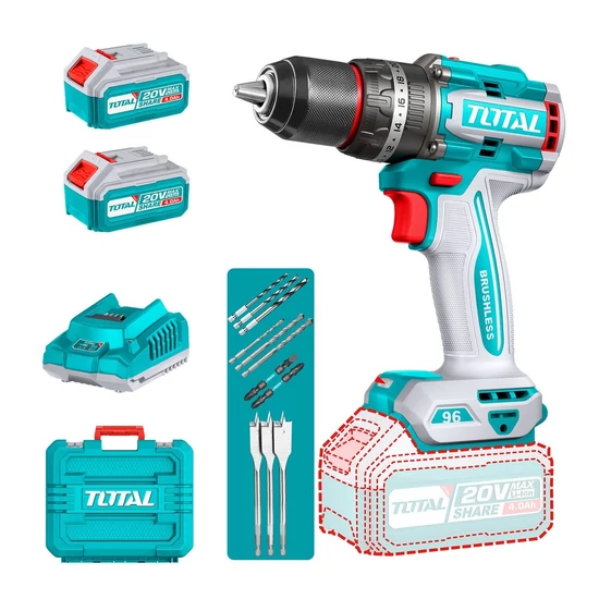 TOTAL Fúró-csavarozógép kefe nélküli - 2x4Ah 2000prn/96Nn/P20S/ koffer+töltő