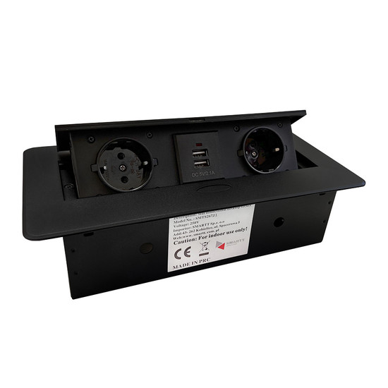 Konnektor felbillenős rejtett elosztó ModulBox Matt fekete 2x220V + 2xUSB Konnektor felbillenős rejtett elosztó ModulBox Matt fekete 2x220V + 2xUSB