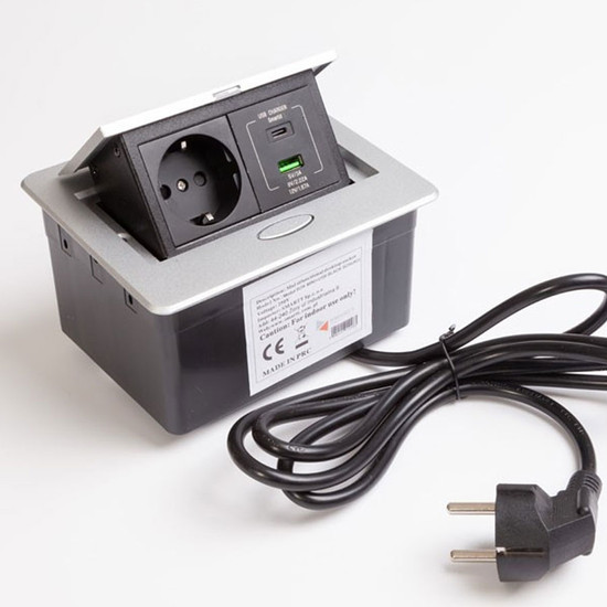 Konnektor felbillenős rejtett elosztó ModulBox mini Alumínium 1x220V + 2xUSB Konnektor felbillenős rejtett elosztó ModulBox mini Alumínium 1x220V + 2xUSB