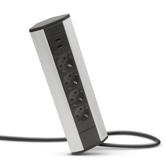 Konnektor elosztó sarokba rögzíthető 4x250V-16A-2xUSB töltő Alumínium-Fekete