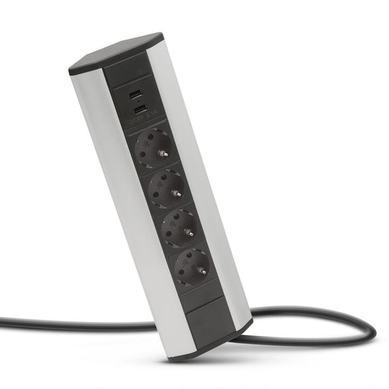 Konnektor elosztó sarokba rögzíthető 4x250V-16A-2xUSB töltő Alumínium-Fekete