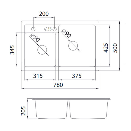 Quadro plus 2D XGranit Fehér mosogató 780x500/195/195mm 171008