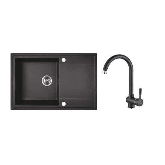 RIO 1CS SZETT egymedence csepptálcás gránit fekete mosogató szifonnal, csappal, 76x44x17,5 cm RIO 1CS SZETT egymedence csepptálcás gránit fekete mosogató szifonnal, csappal, 76x44x17,5 cm