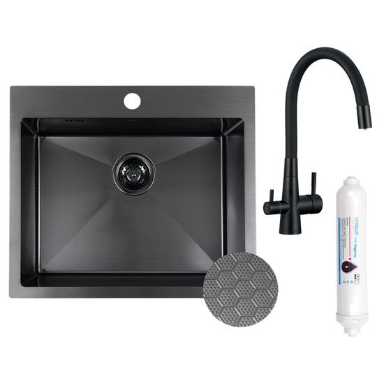 LAVEO MALAWI fekete színű, struktúrált felületű beépíthető inox mosogató szifonnal, RIVECO vízszűrős szettel, 50x58x20 cm LAVEO MALAWI fekete színű, struktúrált felületű beépíthető inox mosogató szifonnal, RIVECO vízszűrős szettel, 50x58x20 cm