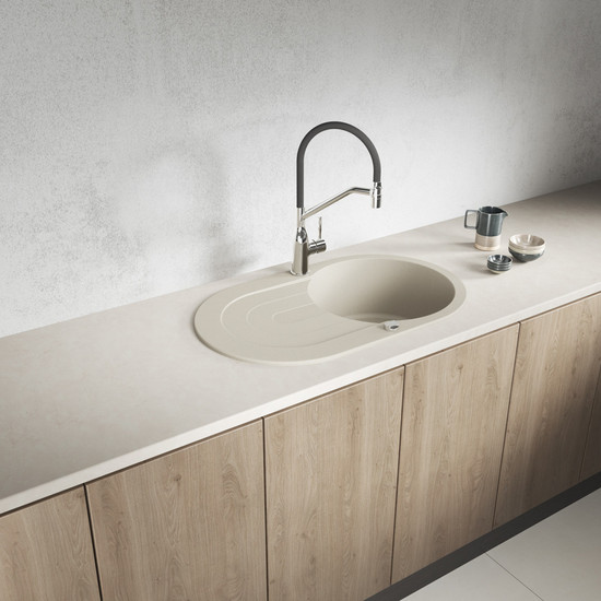 Laveo DAFNE egykör csepptálcás bézs mosogató dugókiemelős helytakarékos szifonnal Laveo DAFNE egykör csepptálcás bézs mosogató dugókiemelős helytakarékos szifonnal