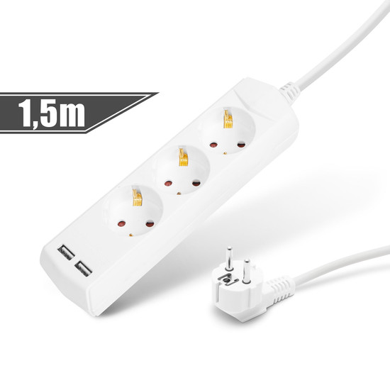 Háztartási elosztó 3-as - 3 x 1,5 mm² - 1,5 m - 2 x USB-vel
