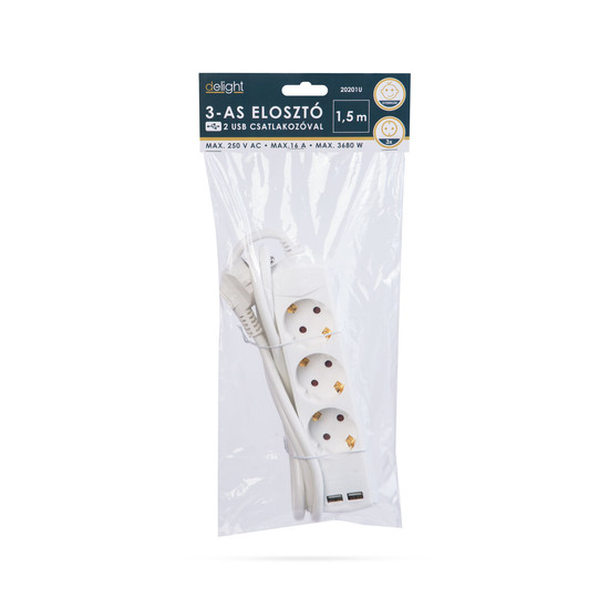 Háztartási elosztó 3-as - 3 x 1,5 mm² - 1,5 m - 2 x USB-vel