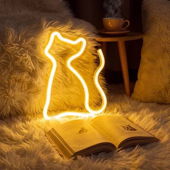 Neon LED lámpa - melegfehér macska - 3 x AA + USB - 17 x 1,6 x 23,3 cm