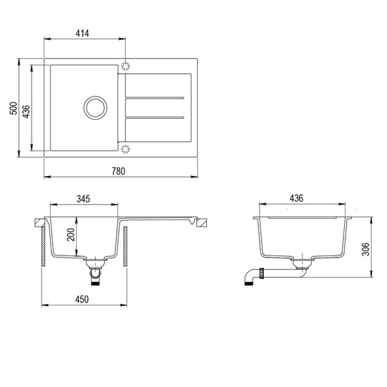 EVIDO Cubo 45S gránit mosogató, 780 x 500 mm, antracit