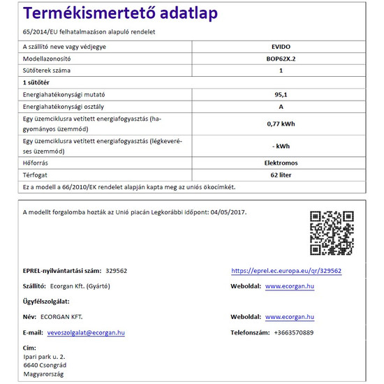 EVIDO PRIMO 62X statikus sütő,inox/fek EVIDO PRIMO 62X statikus sütő,inox/fek