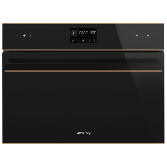 SMEG KOMPAKT KOMBINÁLT MIKROHULLÁMÚ SÜTŐ, Dolce Stil Novo design, Galileo, 45 cm, ES LCD, fekete üveg, réz dísz