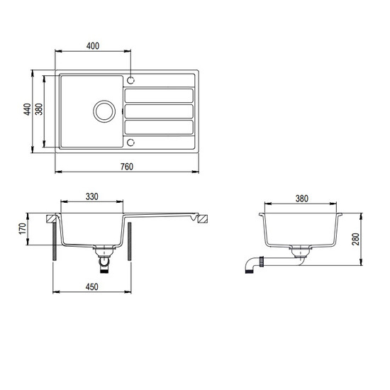 EVIDO Easy 45S gránit mosogató, 760 x 440 mm, antracit