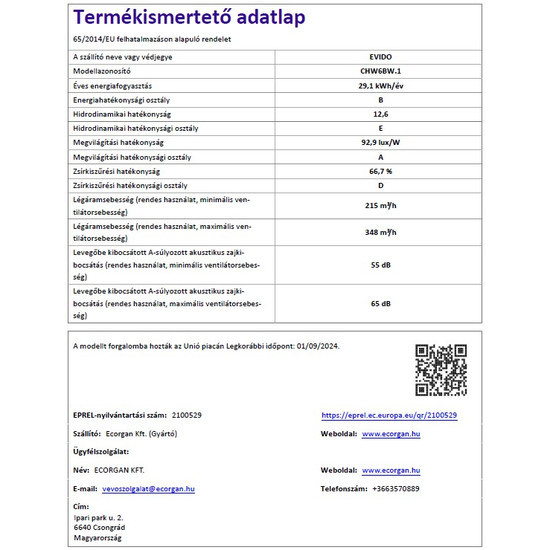 EVIDO TRICOL 60W fali páraelszívó, 60 cm, fehér EVIDO TRICOL 60W fali páraelszívó, 60 cm, fehér